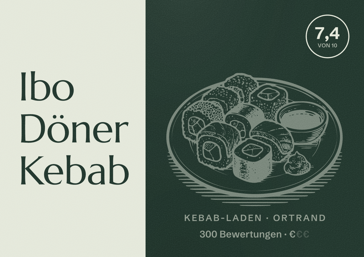 Illustriertes Poster von Ibo Döner Kebab, Kebab-Laden in Ortrand: Bewertung 7,4 von 10 aus 300 Bewertungen, Preisniveau €