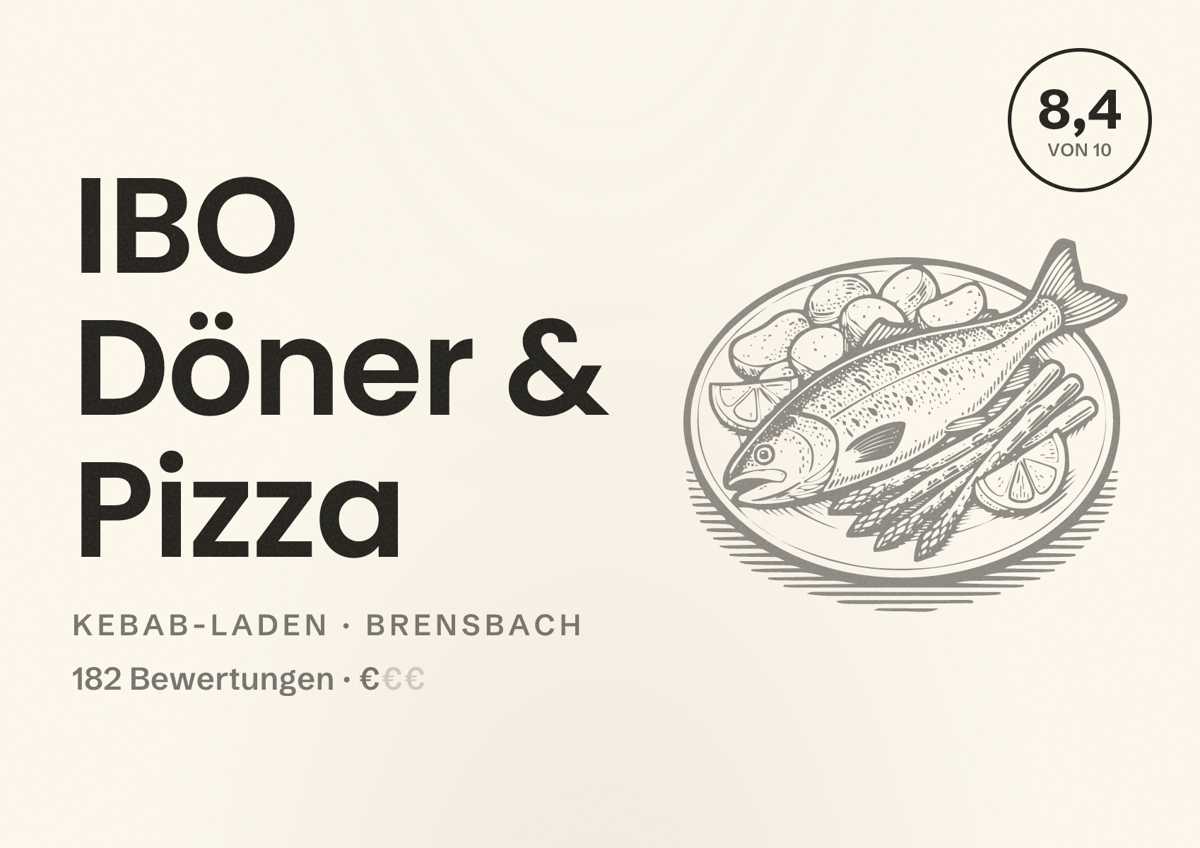 Illustriertes Poster von IBO Döner & Pizza, Kebab-Laden in Brensbach: Bewertung 8,4 von 10 aus 182 Bewertungen, Preisniveau €