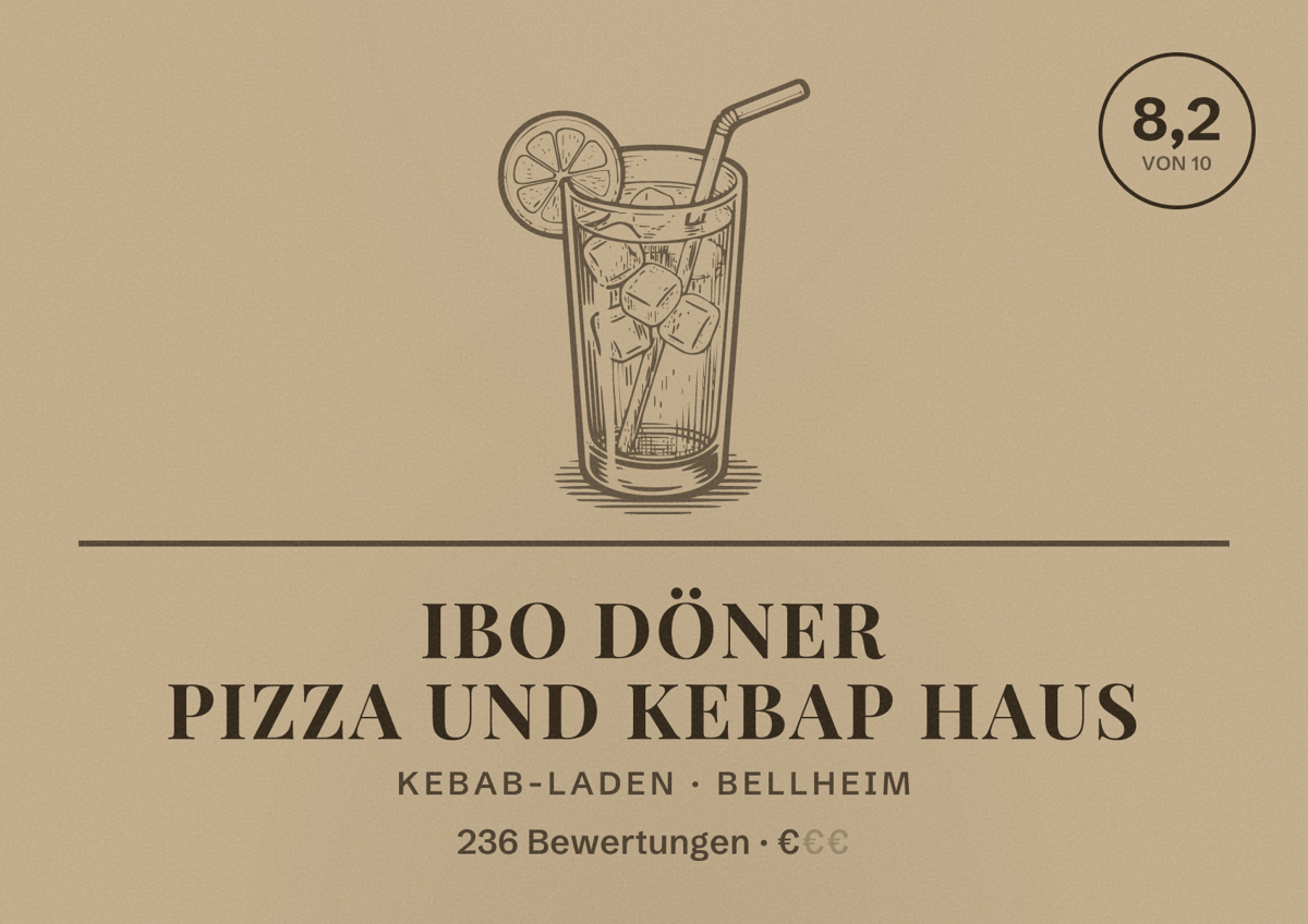 Illustriertes Poster von IBO Döner Pizza und Kebap haus, Kebab-Laden in Bellheim: Bewertung 8,2 von 10 aus 236 Bewertungen, Preisniveau €