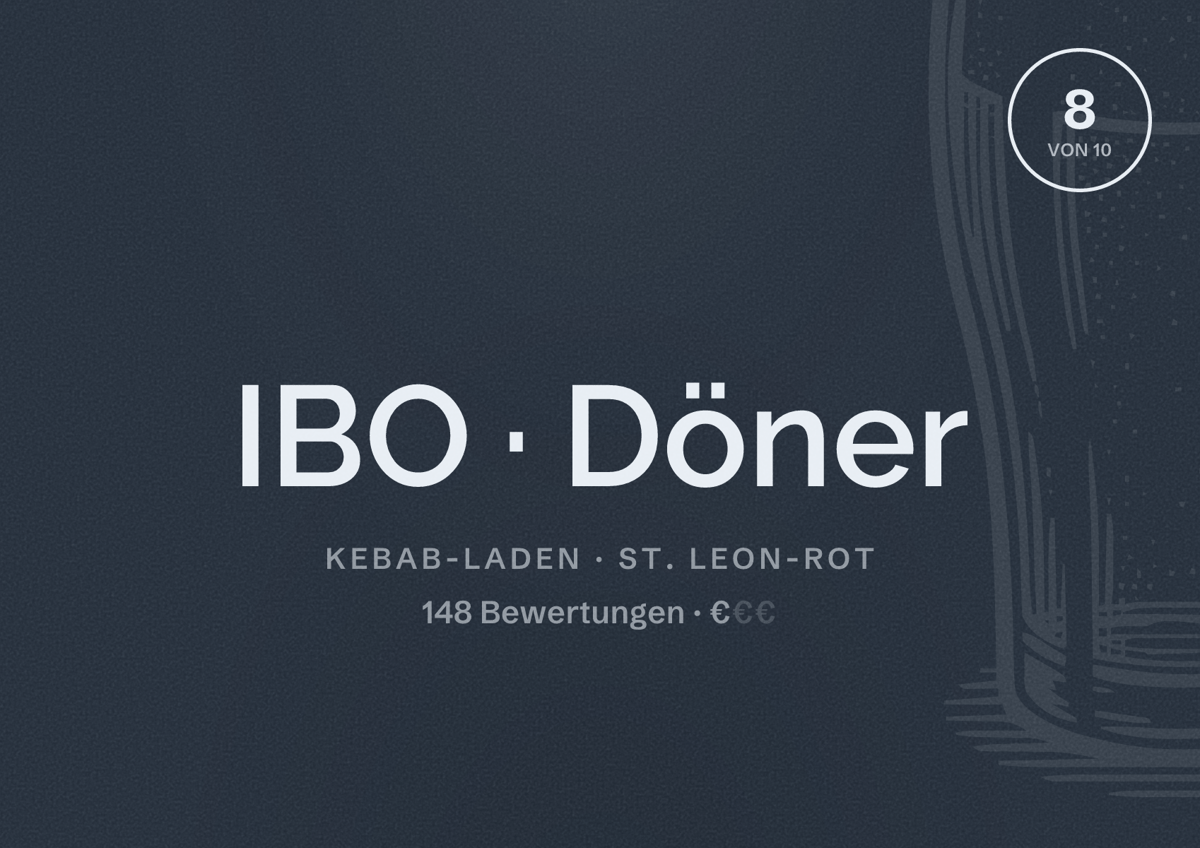 Illustriertes Poster von IBO Döner, Kebab-Laden in St. Leon-Rot: Bewertung 8 von 10 aus 148 Bewertungen, Preisniveau €