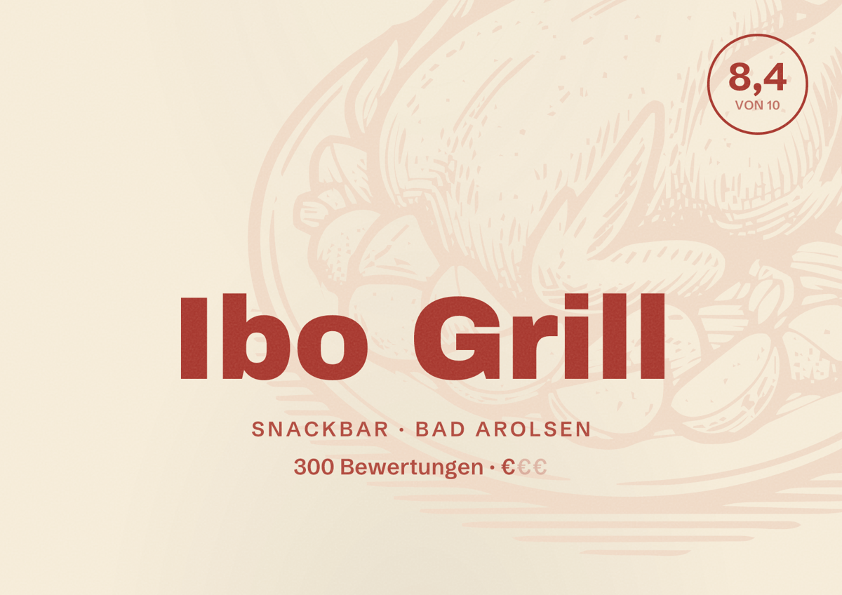 Illustriertes Poster von Ibo Grill, Snackbar in Bad Arolsen: Bewertung 8,4 von 10 aus 300 Bewertungen, Preisniveau €