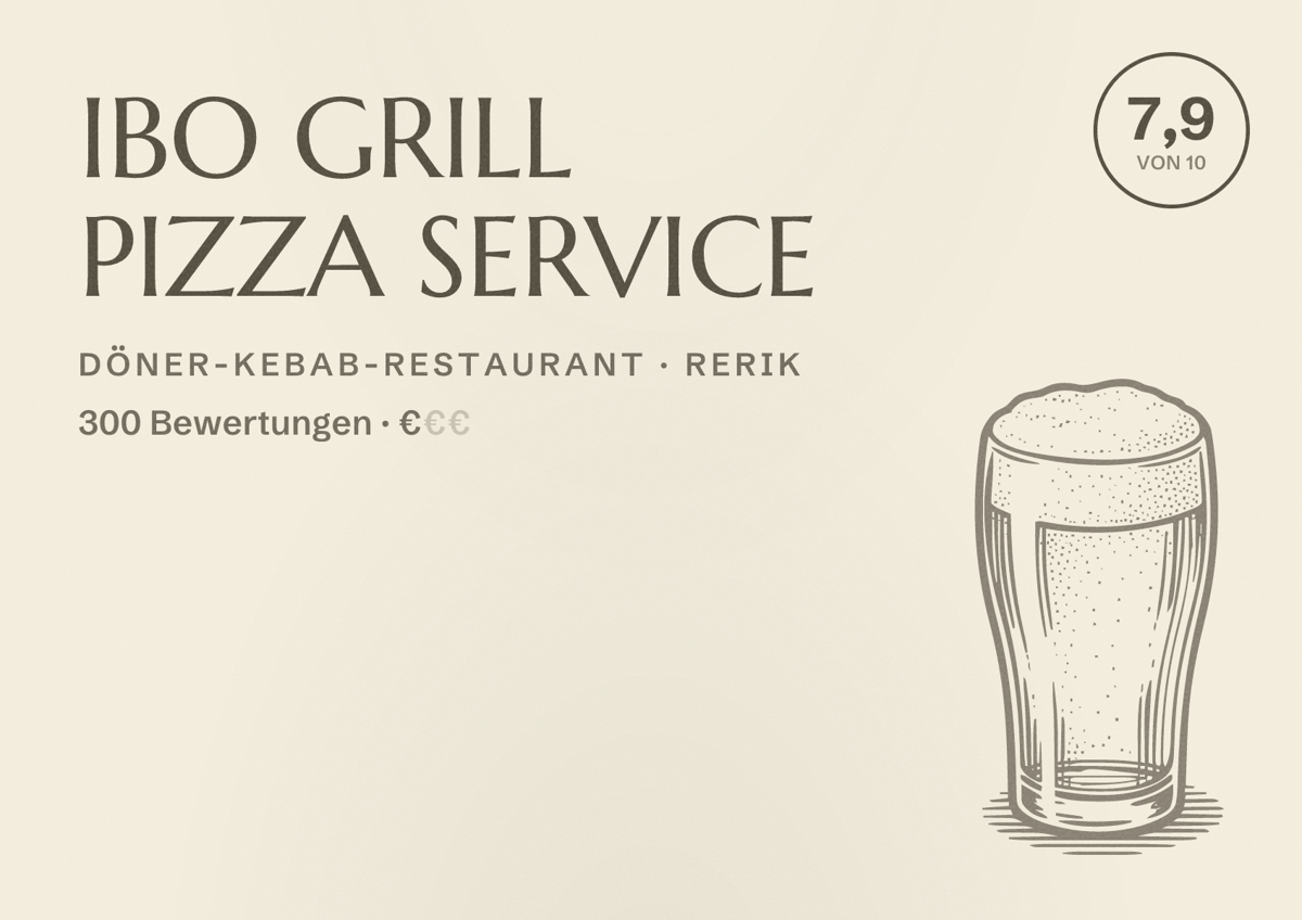 Illustriertes Poster von IBO GRILL PIZZA SERVICE, Döner-Kebab-Restaurant in Rerik: Bewertung 7,9 von 10 aus 300 Bewertungen, Preisniveau €