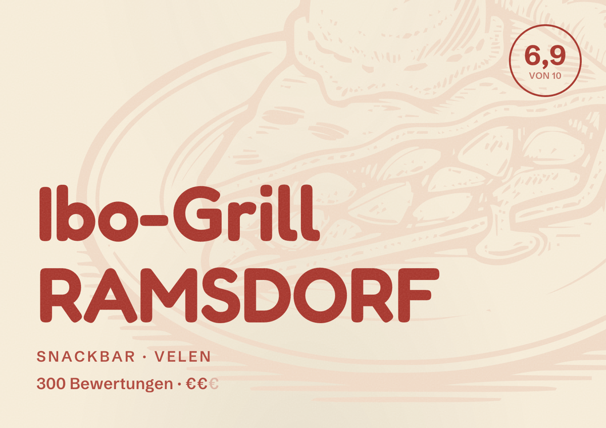 Illustriertes Poster von Ibo-Grill RAMSDORF, Snackbar in Velen: Bewertung 6,9 von 10 aus 300 Bewertungen, Preisniveau €€