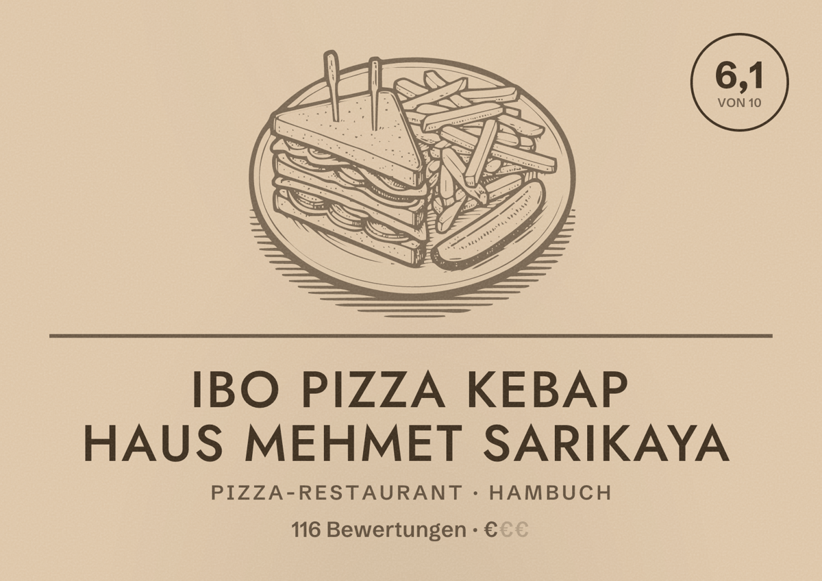 Illustriertes Poster von IBO Pizza Kebap Haus Mehmet Sarikaya, Pizza-Restaurant in Hambuch: Bewertung 6,1 von 10 aus 116 Bewertungen, Preisniveau €