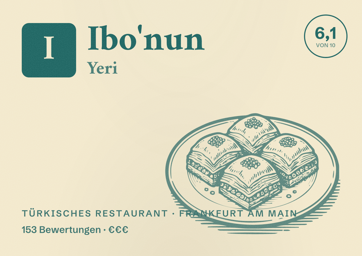 Illustriertes Poster von Ibo'nun Yeri, Türkisches Restaurant in Frankfurt am Main: Bewertung 6,1 von 10 aus 153 Bewertungen, Preisniveau €€€