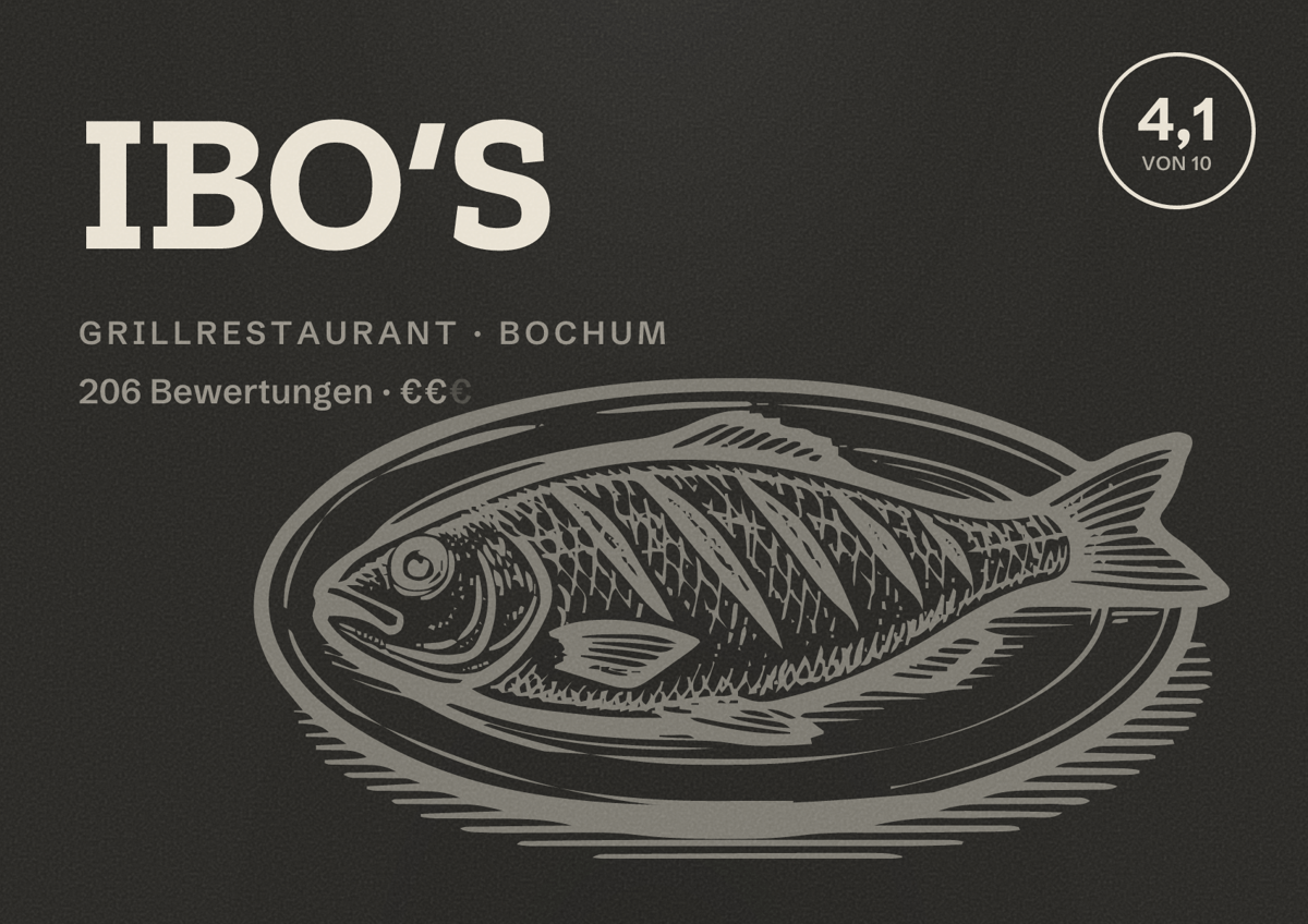 Illustriertes Poster von IBO‘S, Grillrestaurant in Bochum: Bewertung 4,1 von 10 aus 206 Bewertungen, Preisniveau €€