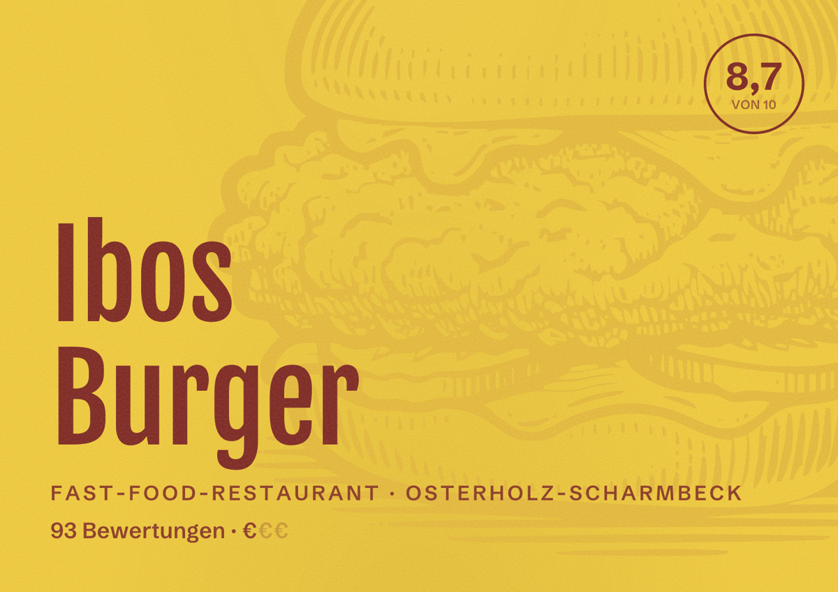 Illustriertes Poster von Ibos Burger, Fast-Food-Restaurant in Osterholz-Scharmbeck: Bewertung 8,7 von 10 aus 93 Bewertungen, Preisniveau €