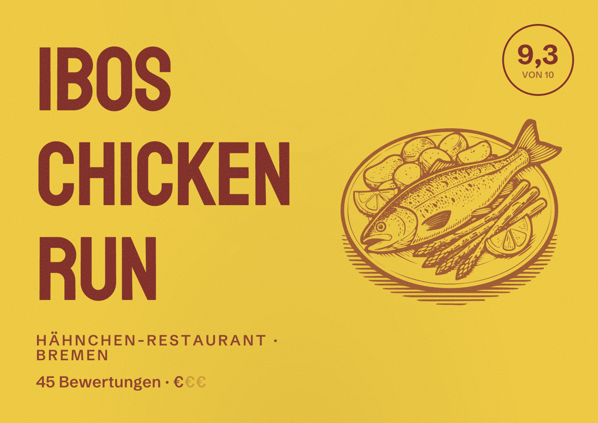 Illustriertes Poster von Ibos Chicken Run, Hähnchen-Restaurant in Bremen: Bewertung 9,3 von 10 aus 45 Bewertungen, Preisniveau €