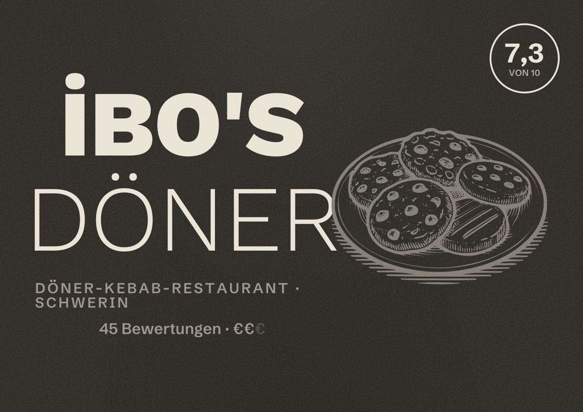Illustriertes Poster von İBO'S DÖNER, Döner-Kebab-Restaurant in Schwerin: Bewertung 7,3 von 10 aus 45 Bewertungen, Preisniveau €€