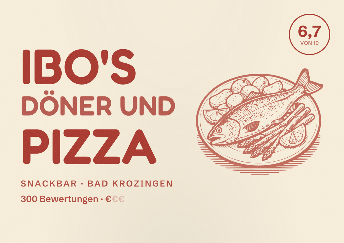 Illustriertes Poster von Ibo's Döner und Pizza, Snackbar in Bad Krozingen: Bewertung 6,7 von 10 aus 300 Bewertungen, Preisniveau €