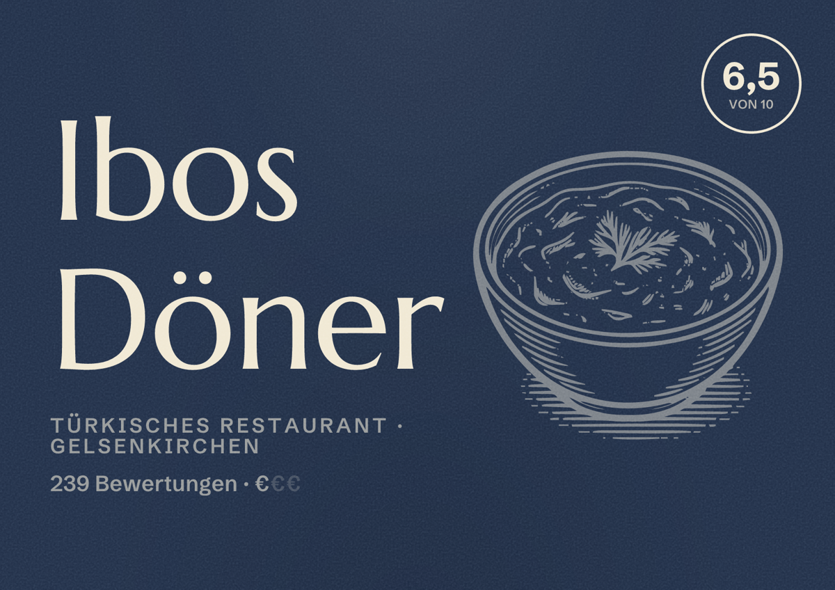 Illustriertes Poster von Ibos Döner, Türkisches Restaurant in Gelsenkirchen: Bewertung 6,5 von 10 aus 239 Bewertungen, Preisniveau €