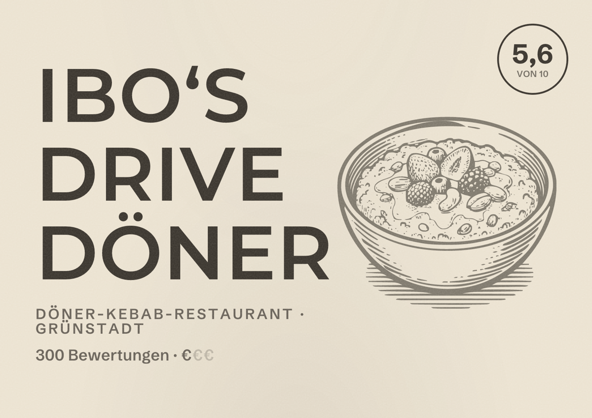 Illustriertes Poster von Ibo‘s Drive Döner, Döner-Kebab-Restaurant in Grünstadt: Bewertung 5,6 von 10 aus 300 Bewertungen, Preisniveau €