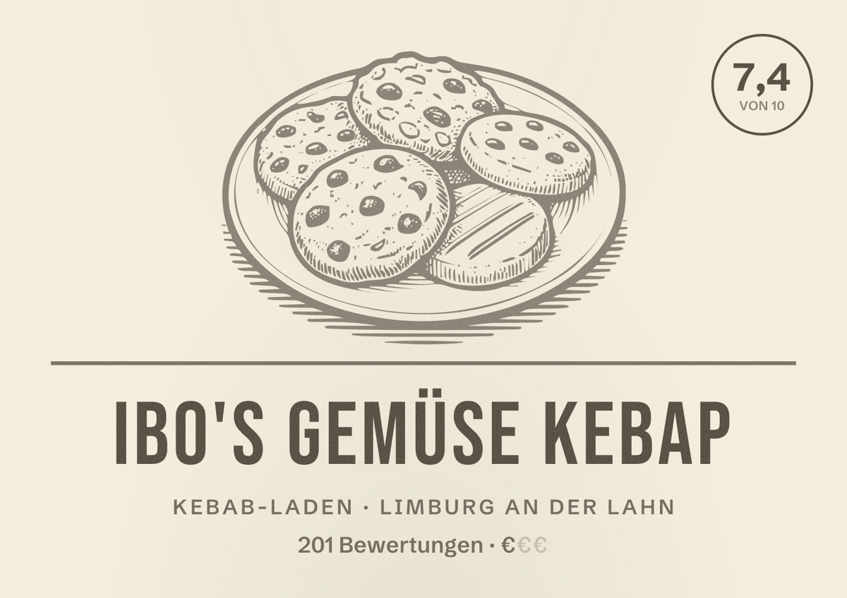 Illustriertes Poster von Ibo's Gemüse Kebap, Kebab-Laden in Limburg an der Lahn: Bewertung 7,4 von 10 aus 201 Bewertungen, Preisniveau €