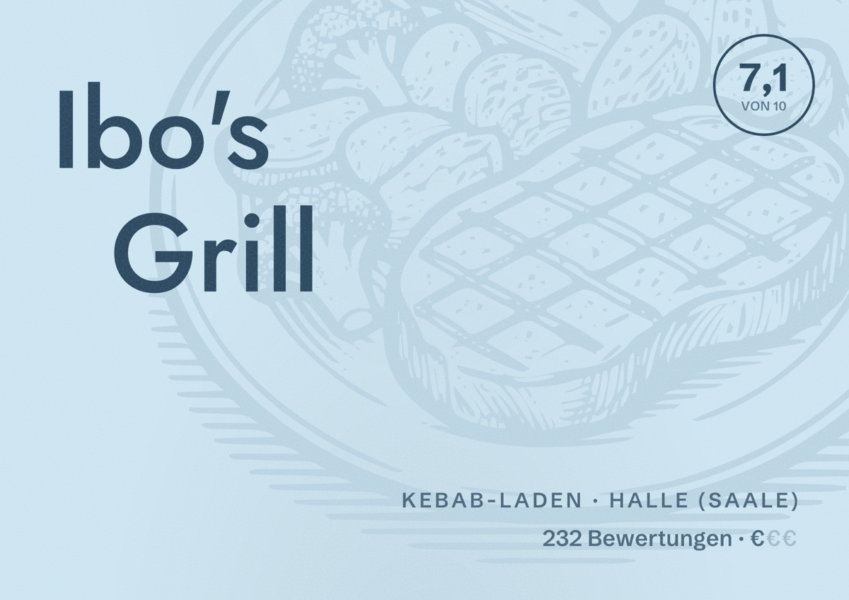 Illustriertes Poster von Ibo's Grill, Kebab-Laden in Halle (Saale): Bewertung 7,1 von 10 aus 232 Bewertungen, Preisniveau €
