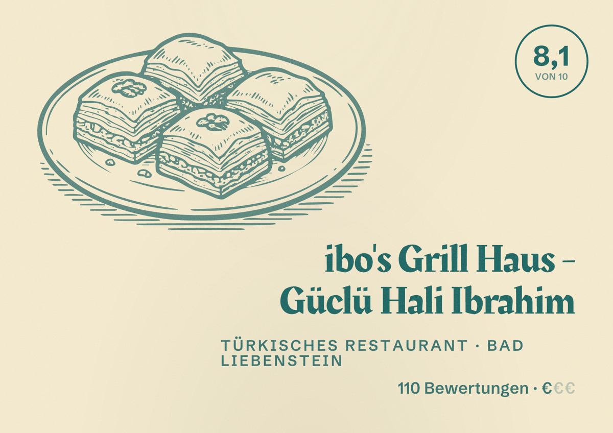 Illustriertes Poster von ibo's Grill Haus - Güclü Hali Ibrahim, Türkisches Restaurant in Bad Liebenstein: Bewertung 8,1 von 10 aus 110 Bewertungen, Preisniveau €