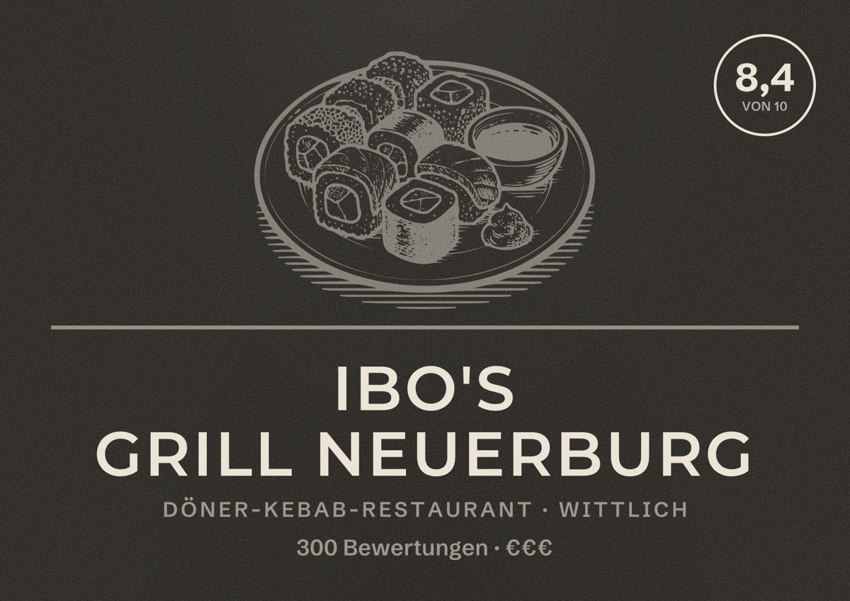 Illustriertes Poster von Ibo's Grill Neuerburg, Döner-Kebab-Restaurant in Wittlich: Bewertung 8,4 von 10 aus 300 Bewertungen, Preisniveau €€€