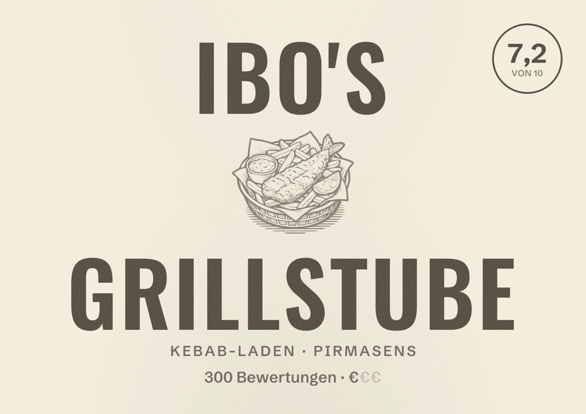Illustriertes Poster von IBO'S GRILLSTUBE, Kebab-Laden in Pirmasens: Bewertung 7,2 von 10 aus 300 Bewertungen, Preisniveau €