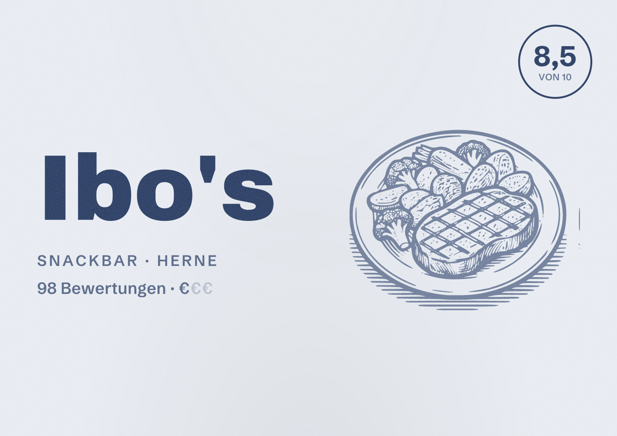Illustriertes Poster von Ibo's, Snackbar in Herne: Bewertung 8,5 von 10 aus 98 Bewertungen, Preisniveau €