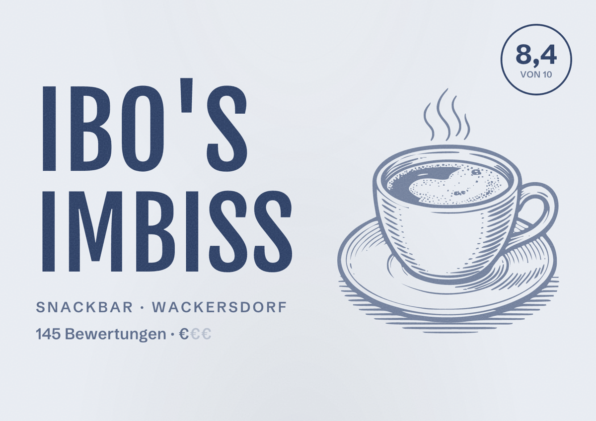 Illustriertes Poster von Ibo's Imbiss, Snackbar in Wackersdorf: Bewertung 8,4 von 10 aus 145 Bewertungen, Preisniveau €