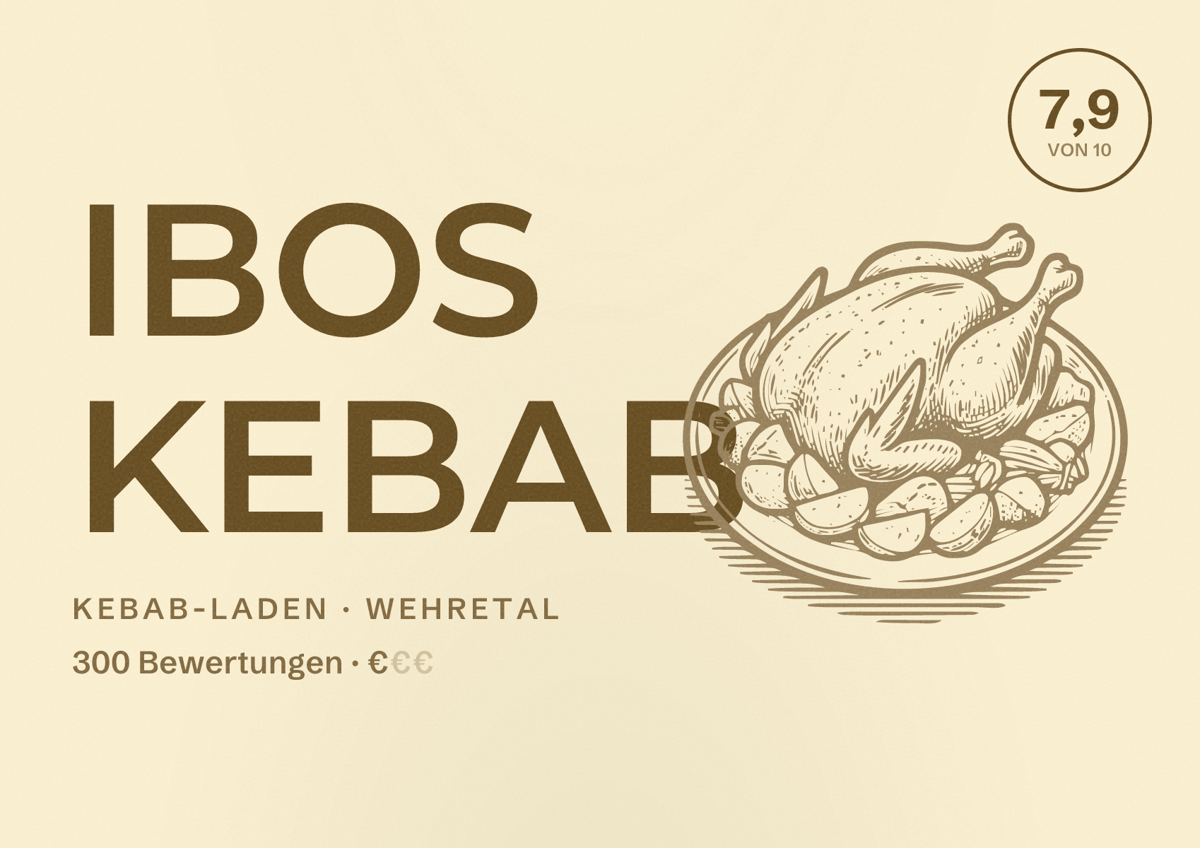 Illustriertes Poster von IBOS KEBAB, Kebab-Laden in Wehretal: Bewertung 7,9 von 10 aus 300 Bewertungen, Preisniveau €