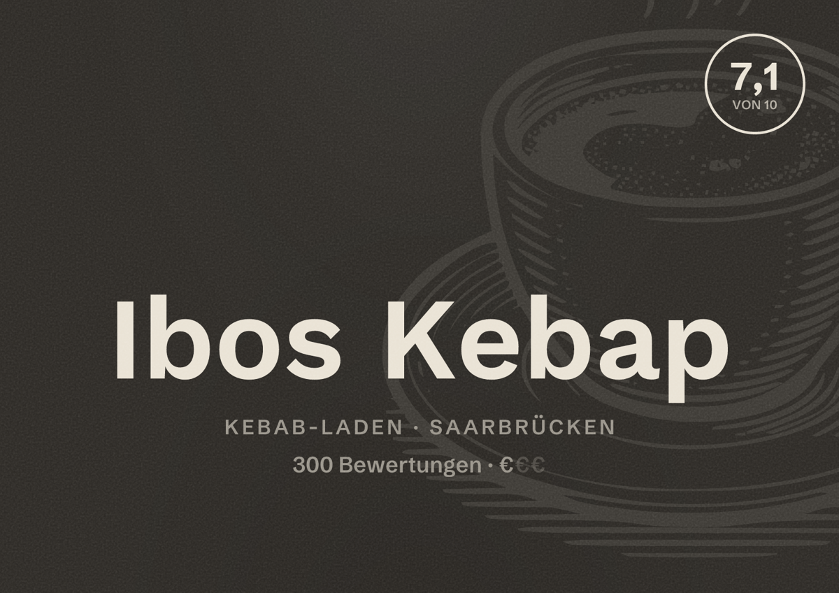 Illustriertes Poster von Ibos Kebap, Kebab-Laden in Saarbrücken: Bewertung 7,1 von 10 aus 300 Bewertungen, Preisniveau €