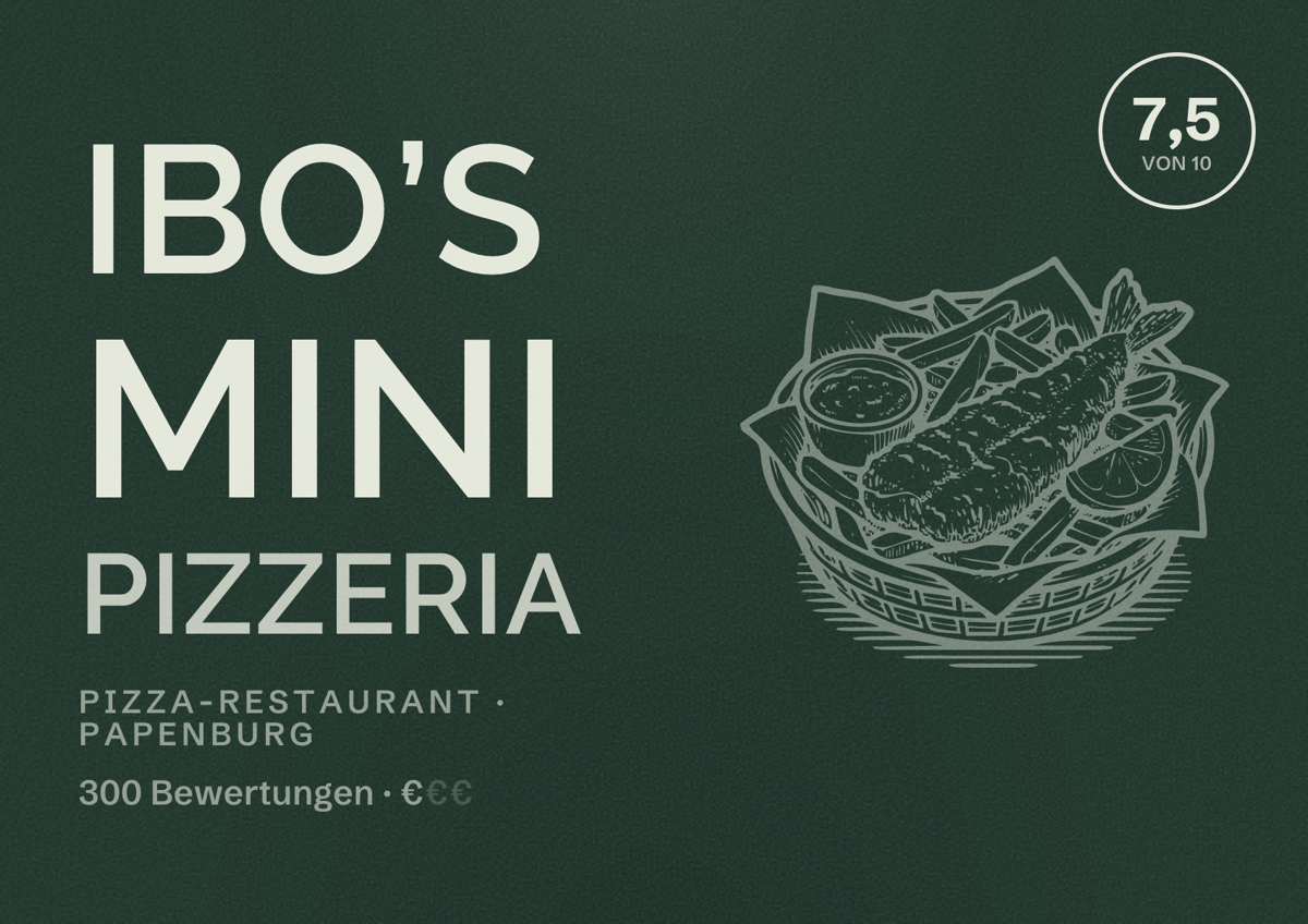 Illustriertes Poster von Ibo’s Mini Pizzeria, Pizza-Restaurant in Papenburg: Bewertung 7,5 von 10 aus 300 Bewertungen, Preisniveau €