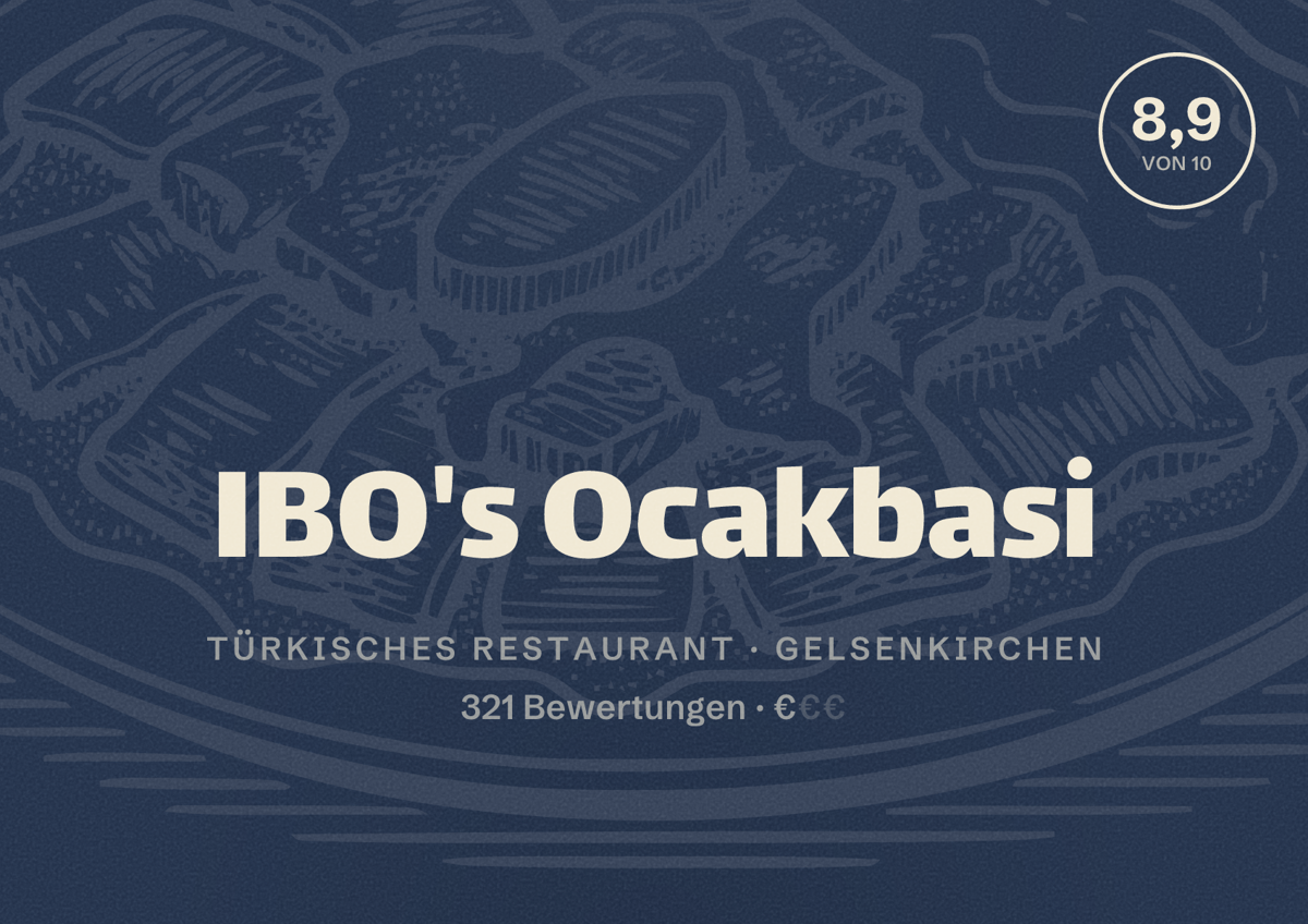 Illustriertes Poster von IBO's Ocakbasi, Türkisches Restaurant in Gelsenkirchen: Bewertung 8,9 von 10 aus 321 Bewertungen, Preisniveau €