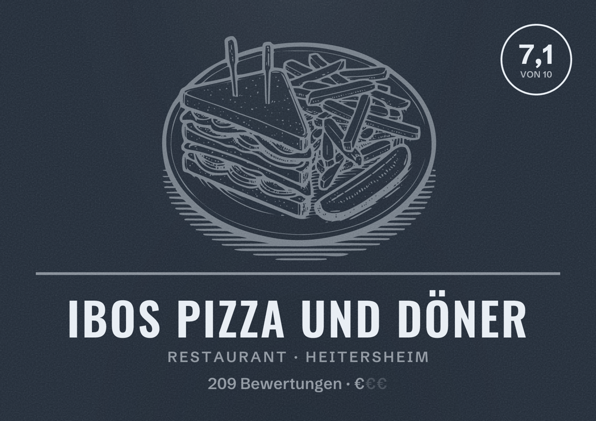 Illustriertes Poster von Ibos Pizza und Döner, Restaurant in Heitersheim: Bewertung 7,1 von 10 aus 209 Bewertungen, Preisniveau €
