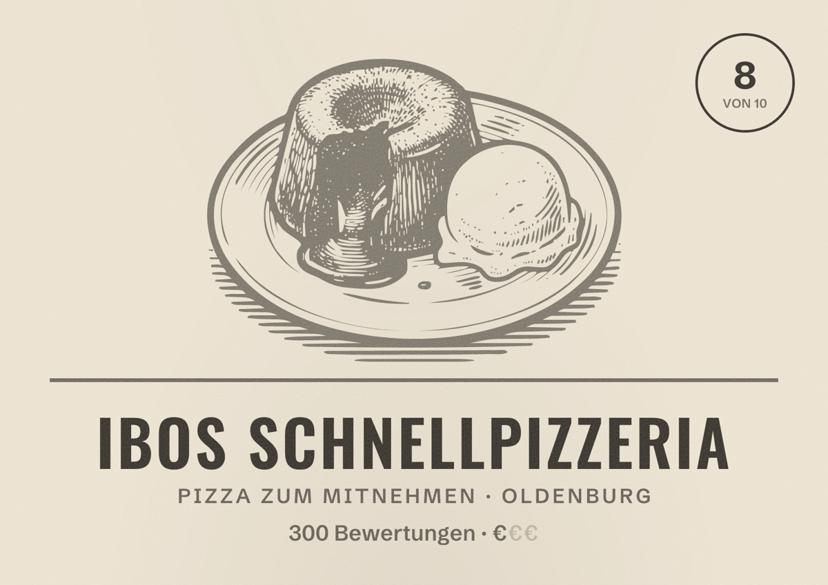 Illustriertes Poster von Ibos Schnellpizzeria, Pizza zum Mitnehmen in Oldenburg: Bewertung 8,0 von 10 aus 300 Bewertungen, Preisniveau €