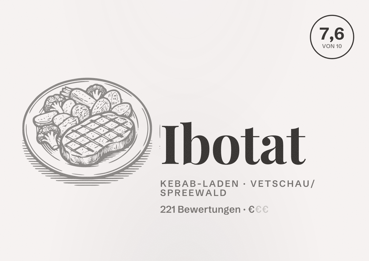 Illustriertes Poster von Ibotat, Kebab-Laden in Vetschau/Spreewald: Bewertung 7,6 von 10 aus 221 Bewertungen, Preisniveau €