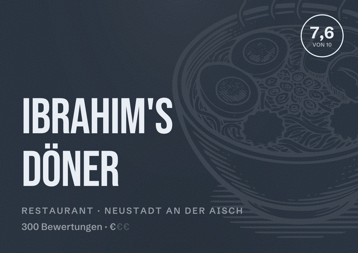 Illustriertes Poster von Ibrahim's Döner, Restaurant in Neustadt an der Aisch: Bewertung 7,6 von 10 aus 300 Bewertungen, Preisniveau €