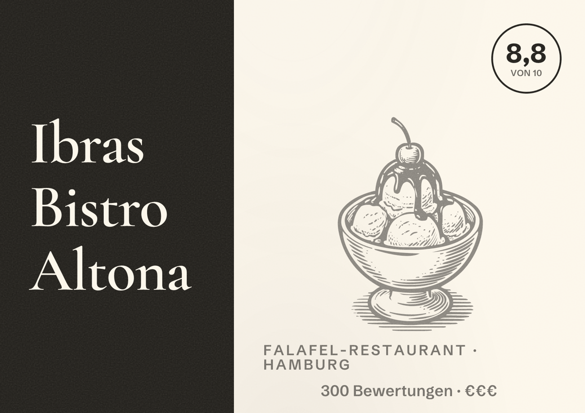 Illustriertes Poster von Ibras Bistro Altona, Falafel-Restaurant in Hamburg: Bewertung 8,8 von 10 aus 300 Bewertungen, Preisniveau €€€