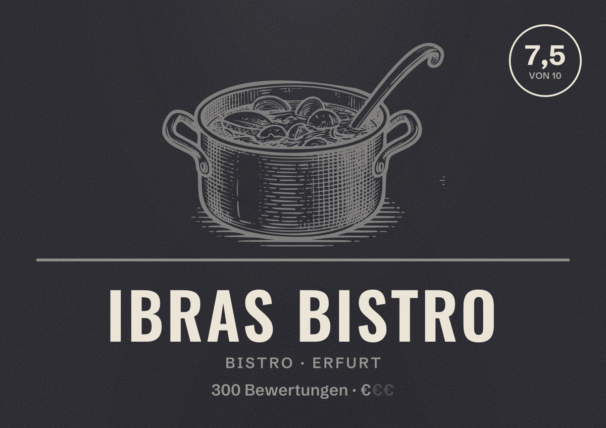Illustriertes Poster von Ibras Bistro, Bistro in Erfurt: Bewertung 7,5 von 10 aus 300 Bewertungen, Preisniveau €