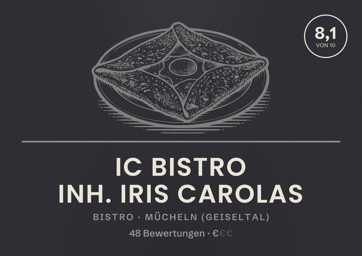 Illustriertes Poster von IC Bistro Inh. Iris Carolas, Bistro in Mücheln (Geiseltal): Bewertung 8,1 von 10 aus 48 Bewertungen, Preisniveau €