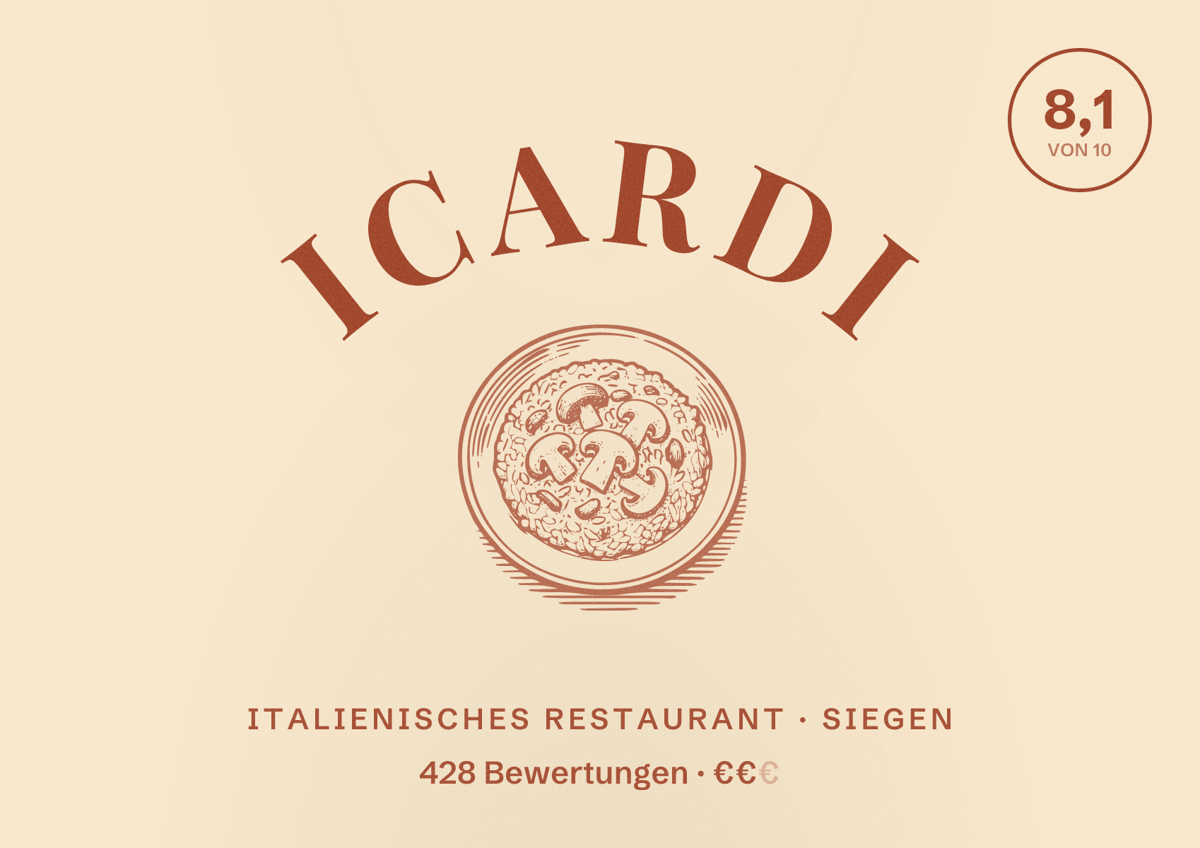 Illustriertes Poster von Icardi, Italienisches Restaurant in Siegen: Bewertung 8,1 von 10 aus 428 Bewertungen, Preisniveau €€