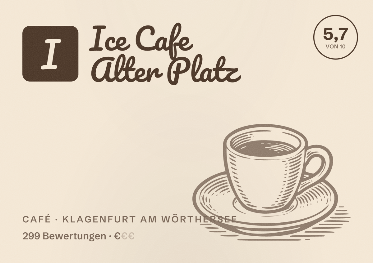 Illustriertes Poster von Ice Cafe Alter Platz, Café in Klagenfurt am Wörthersee: Bewertung 5,7 von 10 aus 299 Bewertungen, Preisniveau €