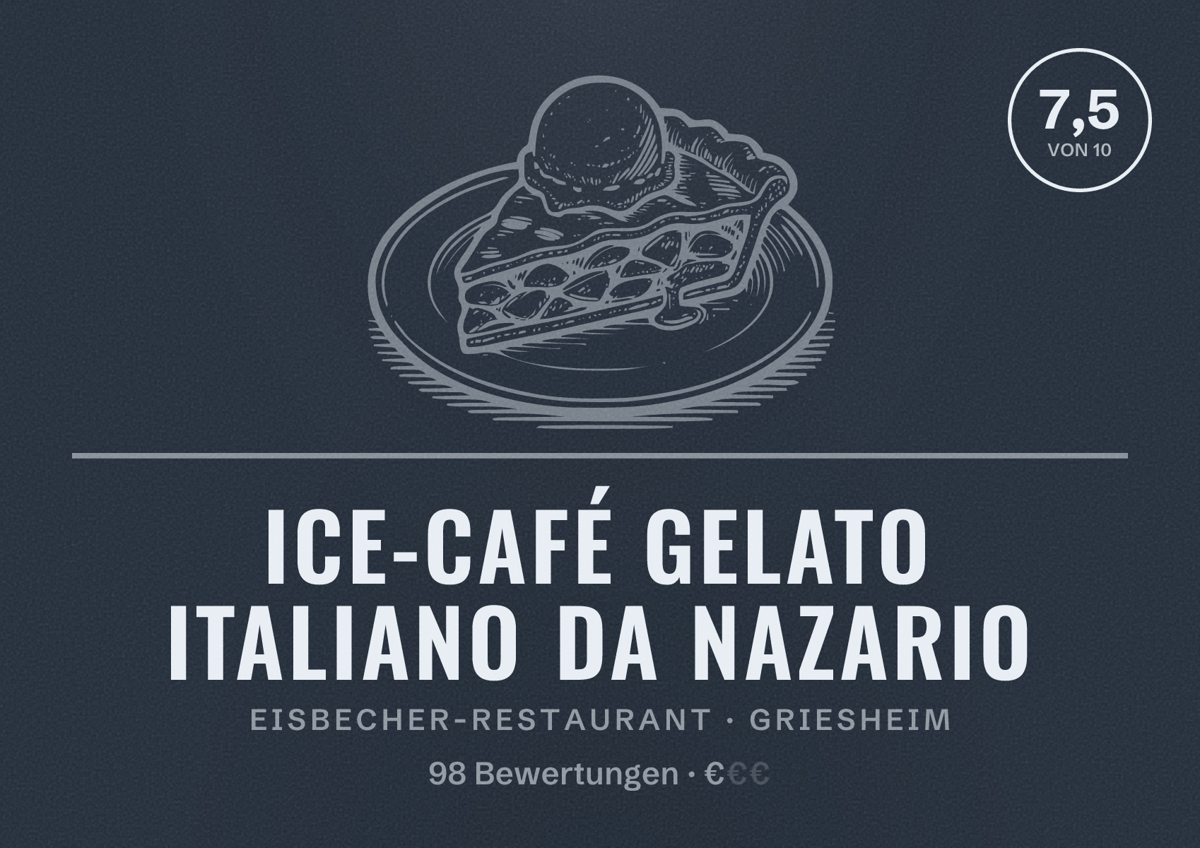 Illustriertes Poster von Ice-café Gelato Italiano da Nazario, Eisbecher-Restaurant in Griesheim: Bewertung 7,5 von 10 aus 98 Bewertungen, Preisniveau €