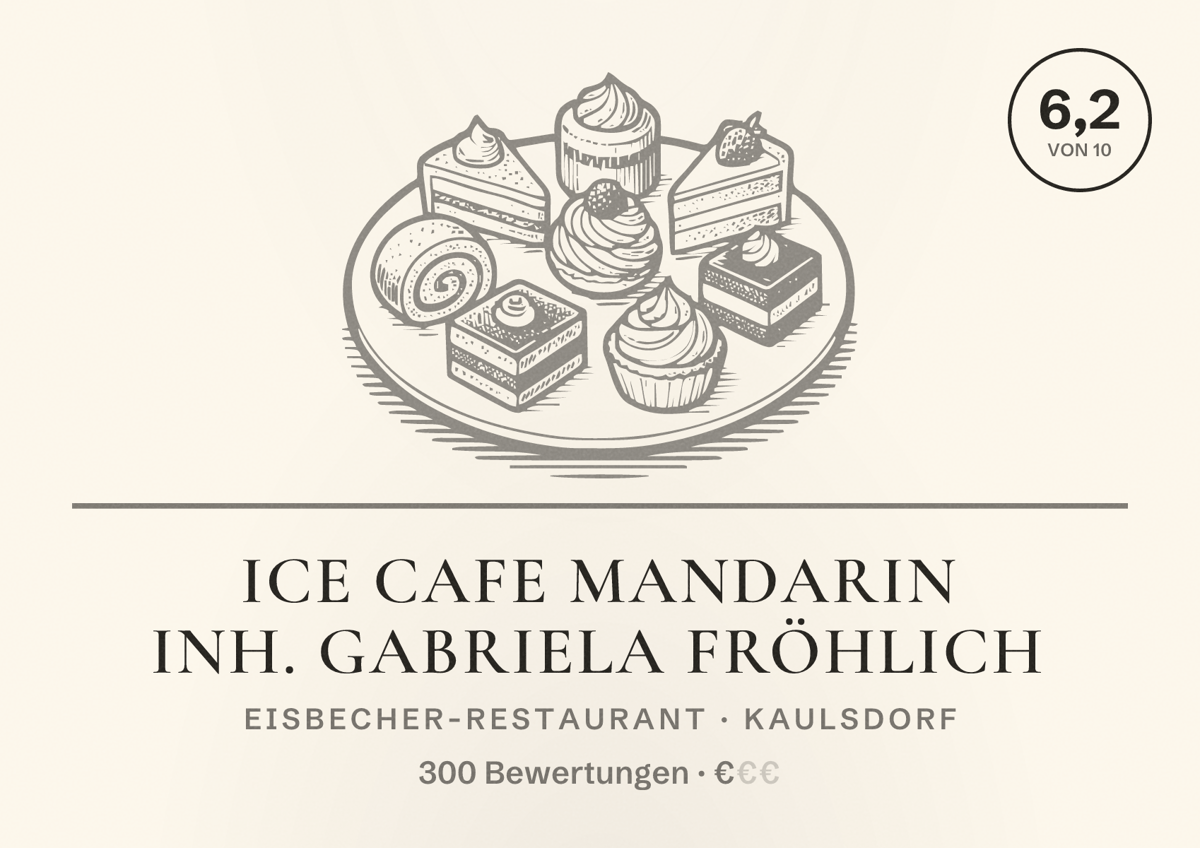 Illustriertes Poster von Ice Cafe Mandarin Inh. Gabriela Fröhlich, Eisbecher-Restaurant in Kaulsdorf: Bewertung 6,2 von 10 aus 300 Bewertungen, Preisniveau €