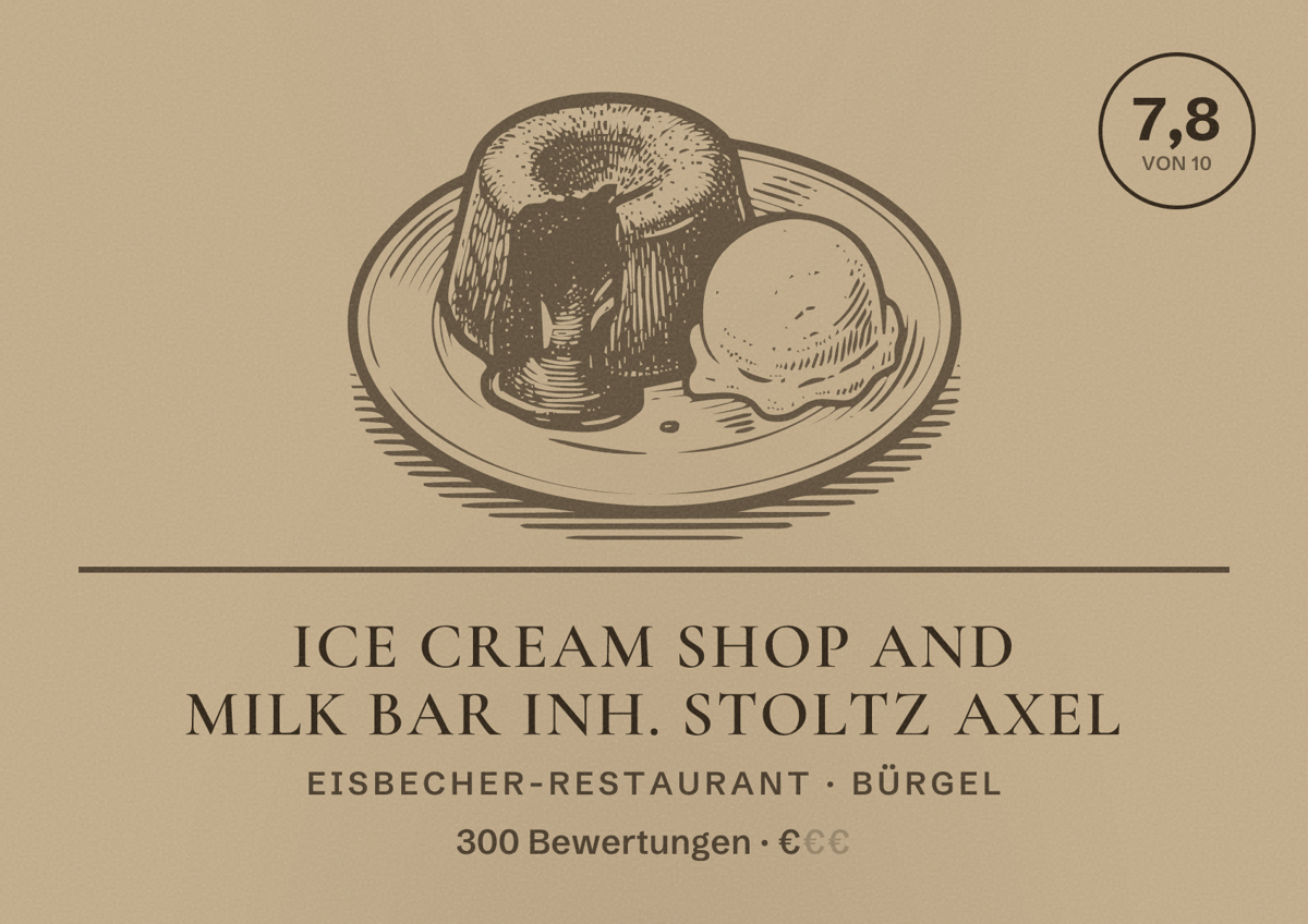 Illustriertes Poster von Ice cream shop and milk bar Inh. Stoltz Axel, Eisbecher-Restaurant in Bürgel: Bewertung 7,8 von 10 aus 300 Bewertungen, Preisniveau €