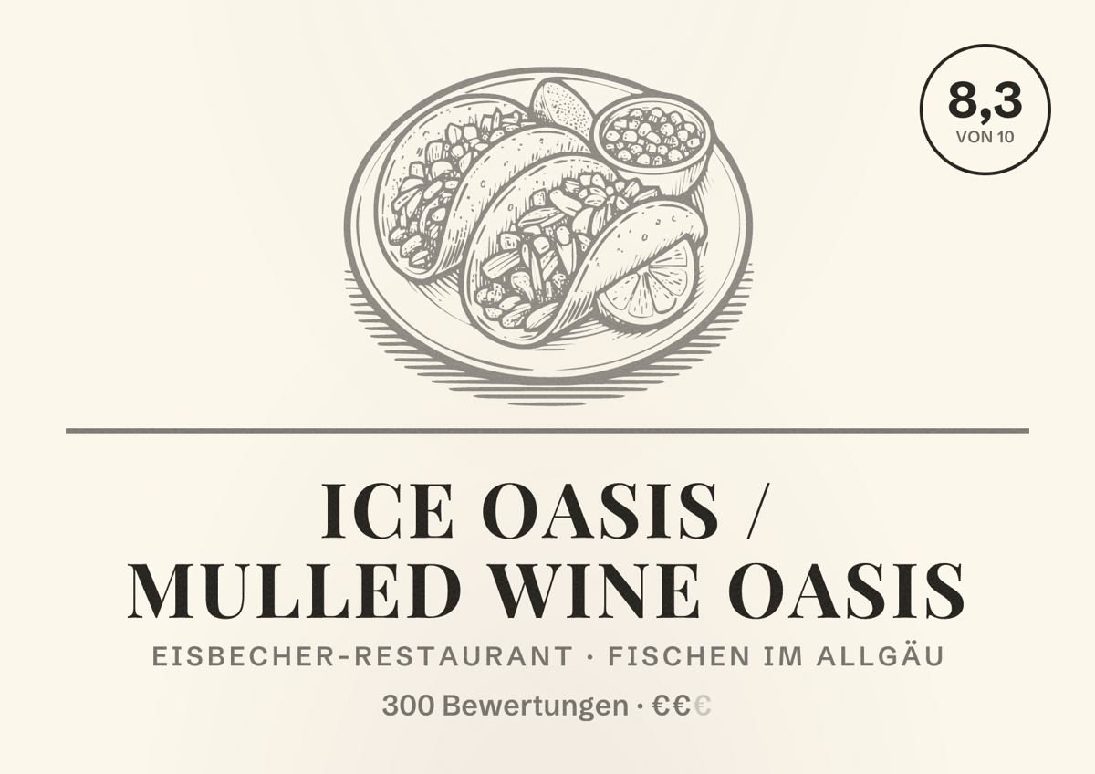 Illustriertes Poster von Ice Oasis / mulled wine oasis, Eisbecher-Restaurant in Fischen im Allgäu: Bewertung 8,3 von 10 aus 300 Bewertungen, Preisniveau €€