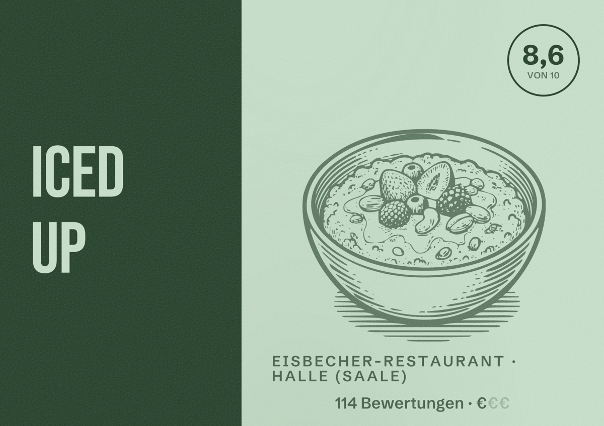 Illustriertes Poster von Iced Up, Eisbecher-Restaurant in Halle (Saale): Bewertung 8,6 von 10 aus 114 Bewertungen, Preisniveau €
