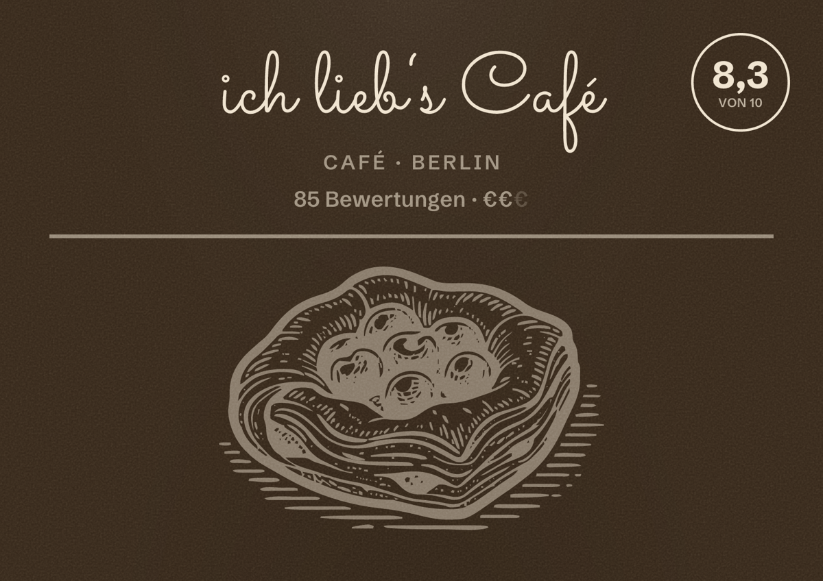 Illustriertes Poster von ich lieb‘s Café, Café in Berlin: Bewertung 8,3 von 10 aus 85 Bewertungen, Preisniveau €€