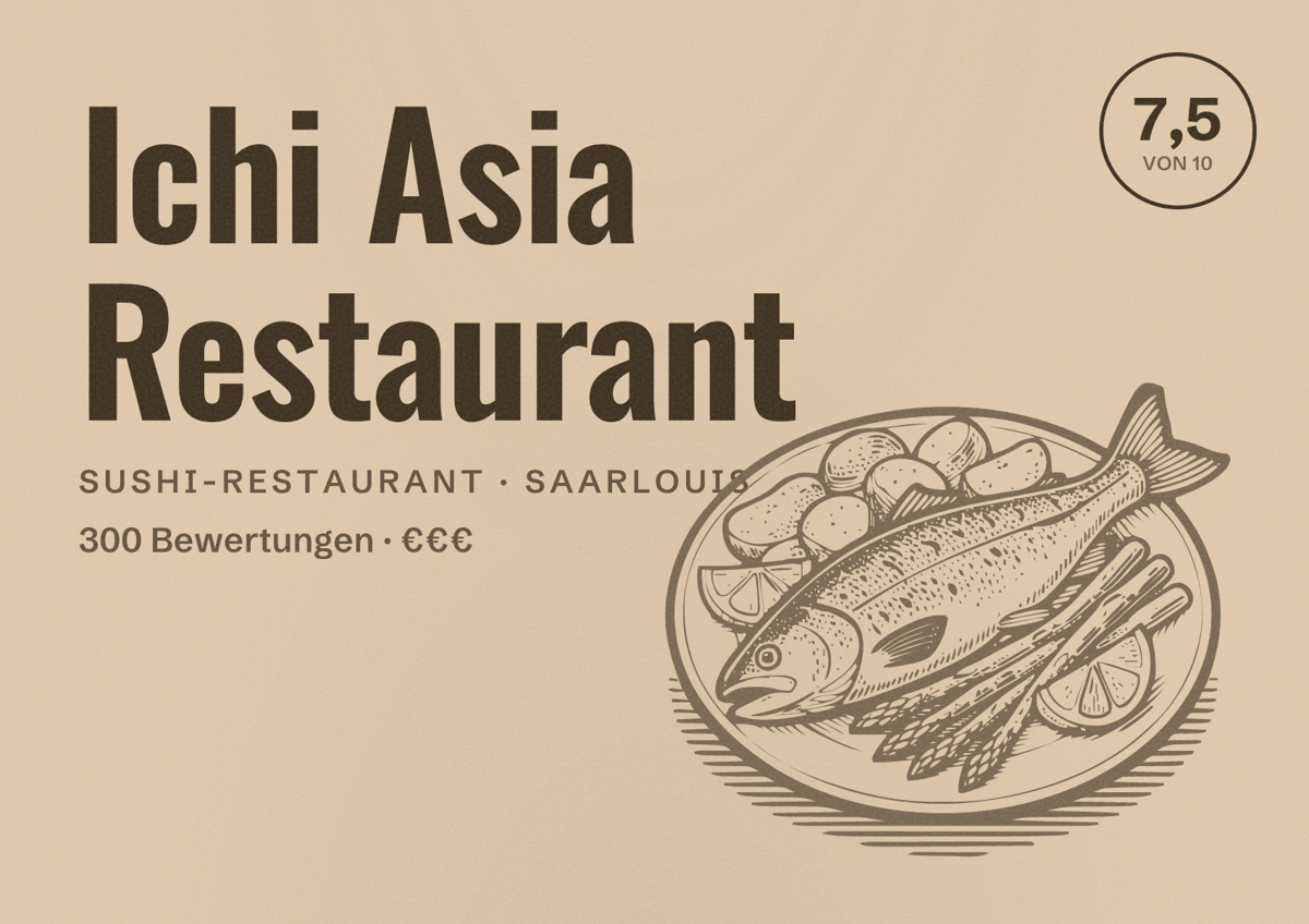 Illustriertes Poster von Ichi Asia Restaurant, Sushi-Restaurant in Saarlouis: Bewertung 7,5 von 10 aus 300 Bewertungen, Preisniveau €€€