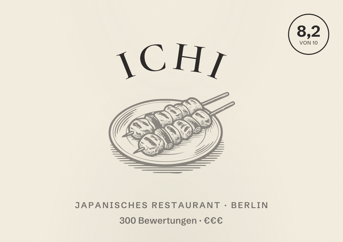 Illustriertes Poster von ichi, Japanisches Restaurant in Berlin: Bewertung 8,2 von 10 aus 300 Bewertungen, Preisniveau €€€