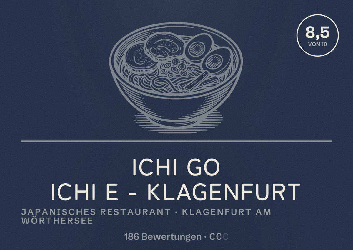 Illustriertes Poster von ICHI GO ICHI E - Klagenfurt, Japanisches Restaurant in Klagenfurt am Wörthersee: Bewertung 8,5 von 10 aus 186 Bewertungen, Preisniveau €€