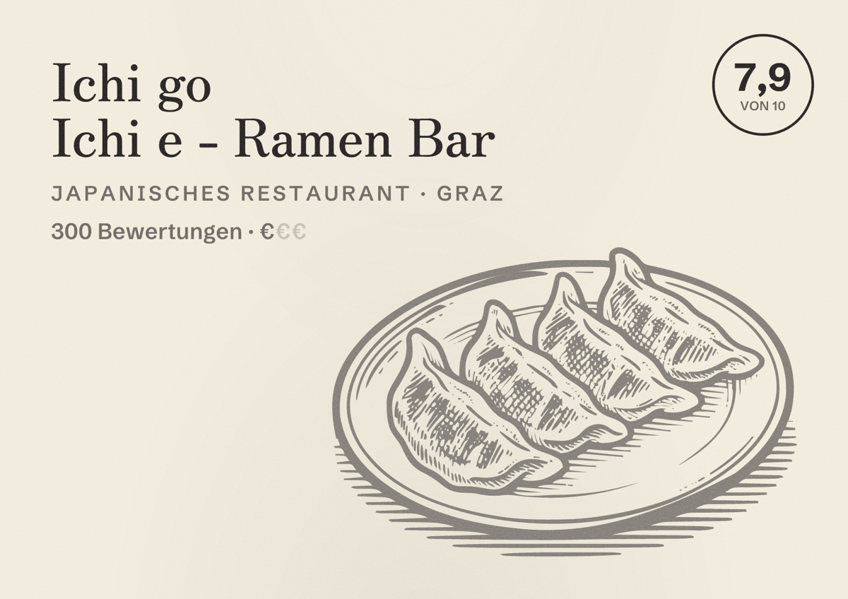 Illustriertes Poster von Ichi go Ichi e - Ramen Bar, Japanisches Restaurant in Graz: Bewertung 7,9 von 10 aus 300 Bewertungen, Preisniveau €