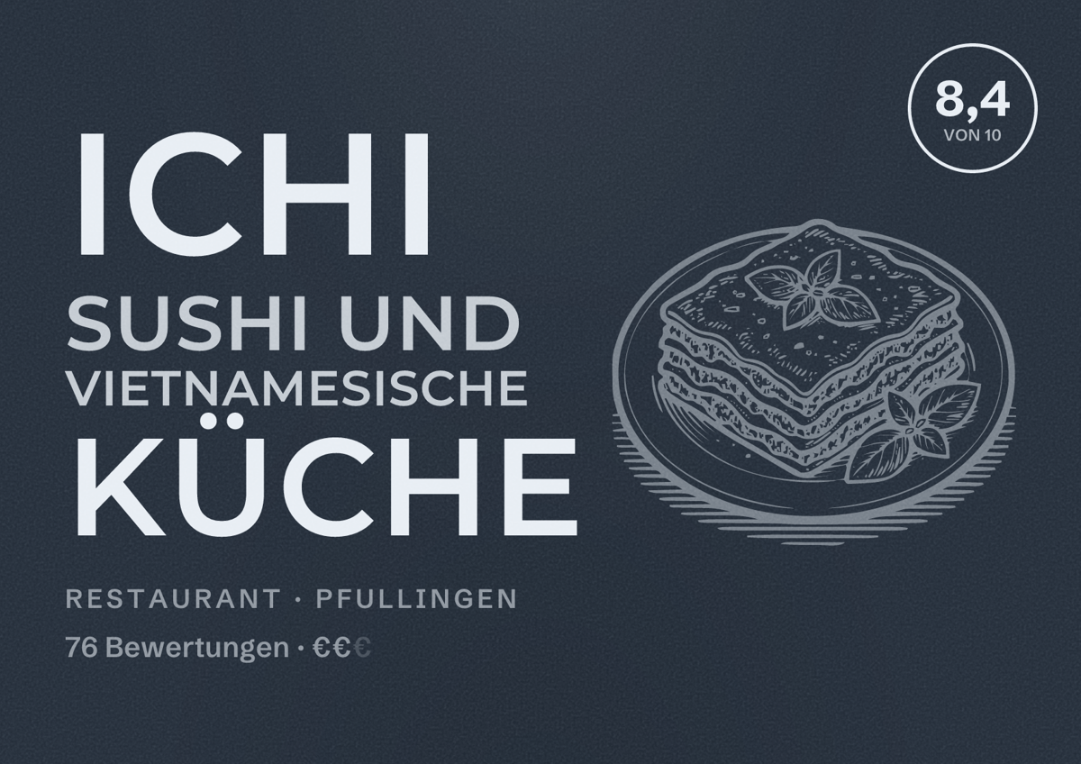 Illustriertes Poster von Ichi Sushi und Vietnamesische Küche, Restaurant in Pfullingen: Bewertung 8,4 von 10 aus 76 Bewertungen, Preisniveau €€