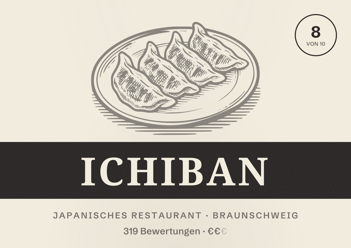 Illustriertes Poster von Ichiban, Japanisches Restaurant in Braunschweig: Bewertung 8,0 von 10 aus 319 Bewertungen, Preisniveau €€