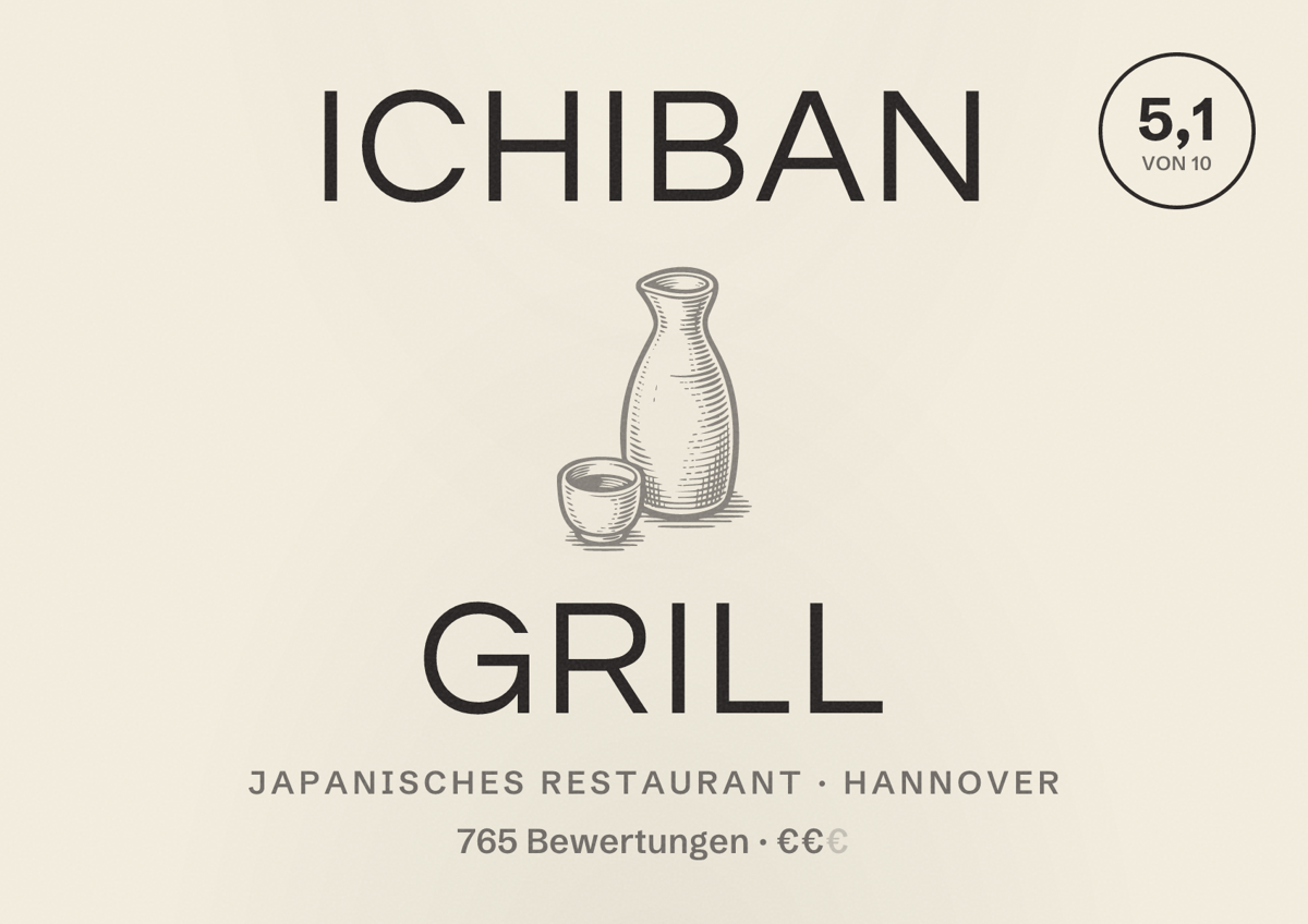 Illustriertes Poster von ICHIBAN Grill, Japanisches Restaurant in Hannover: Bewertung 5,1 von 10 aus 765 Bewertungen, Preisniveau €€