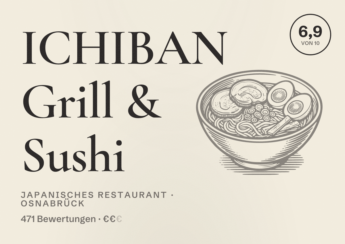 Illustriertes Poster von ICHIBAN Grill & Sushi, Japanisches Restaurant in Osnabrück: Bewertung 6,9 von 10 aus 471 Bewertungen, Preisniveau €€